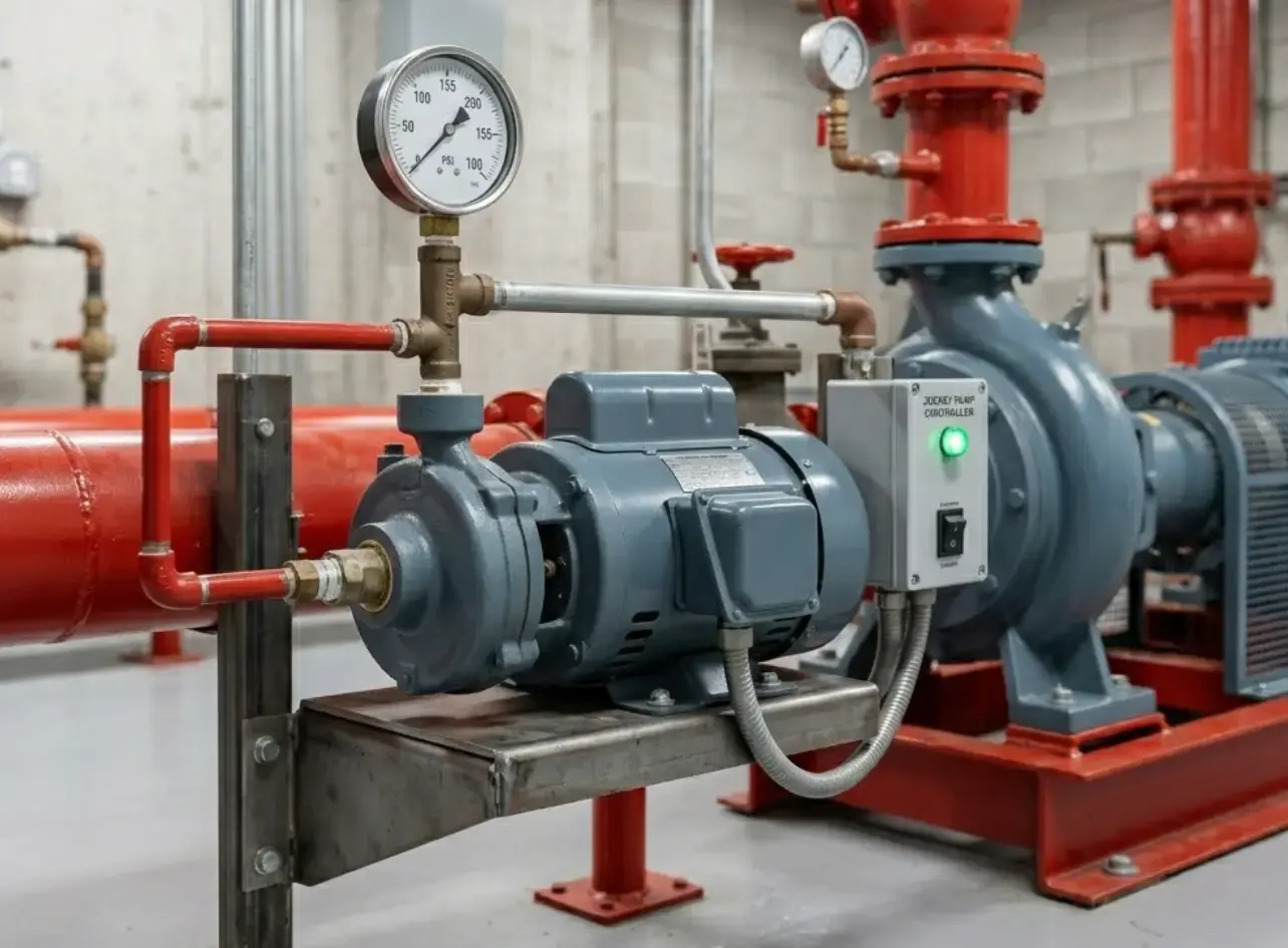 Industrial pump system with pressure gauge, red pipes, and a green-lit controller in a plant room.